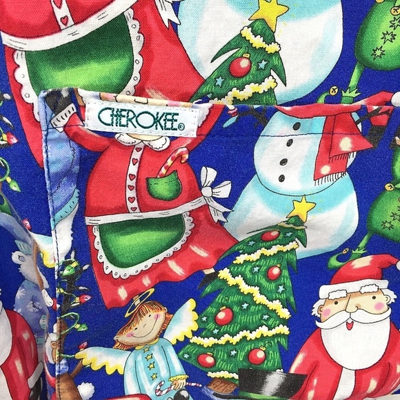 Santa Mrs Claus Scrub Top Christmas Elves Trees Reindeer Holiday Fun - Picture 4 of 6